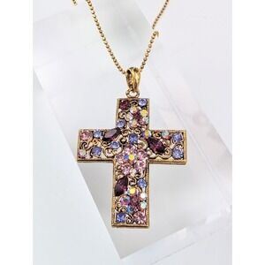 Vintage‎ Rhinestones Cross Necklace Gold Tone Ornate Openwork Floral Victorian